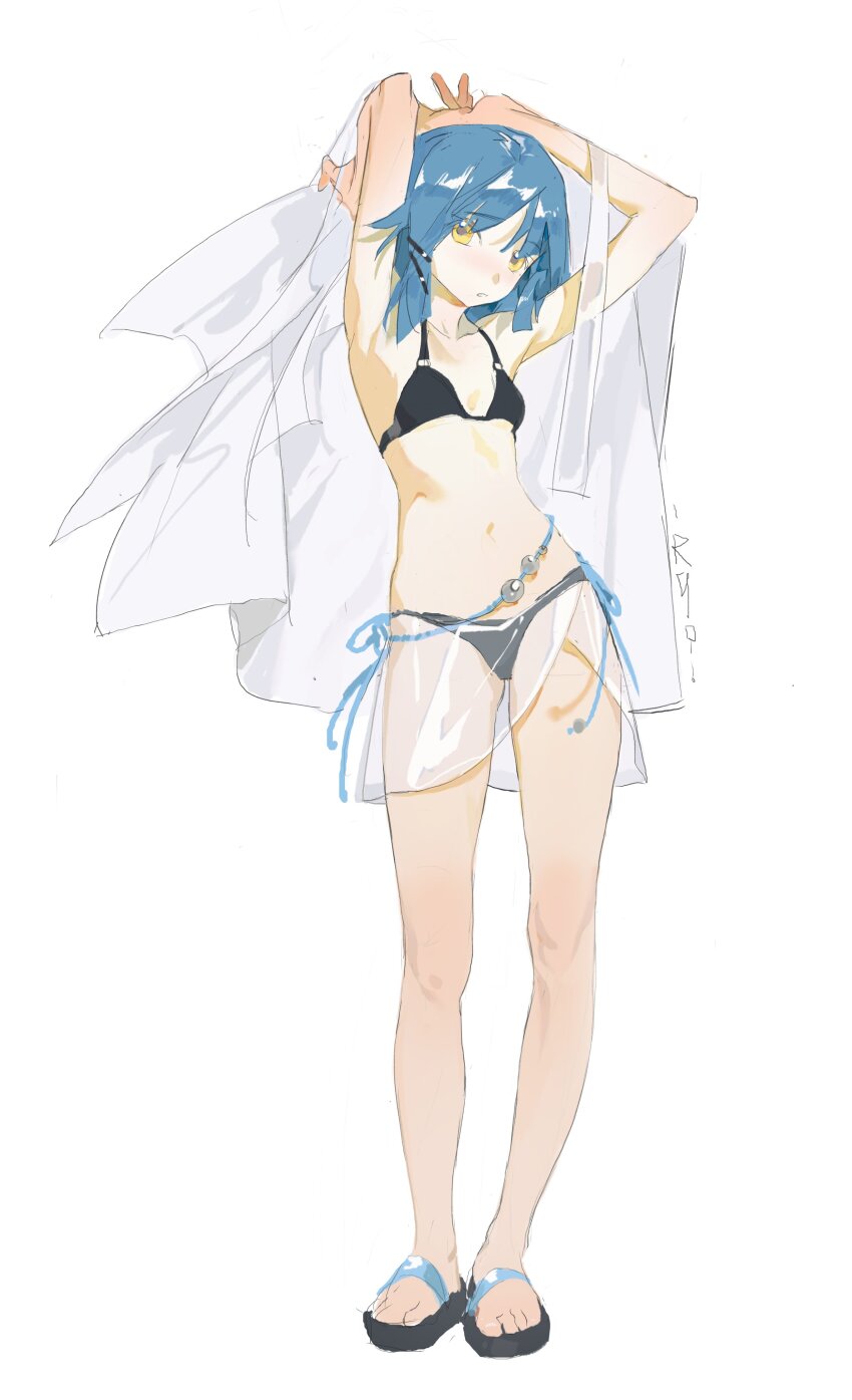 1girl, bikini, black_bikini, blue_hair, bocchi_the_rock!, full_body, navel, sandals, sanyang003, shirt, sketch, solo, standing, swimsuit, yamada_ryo