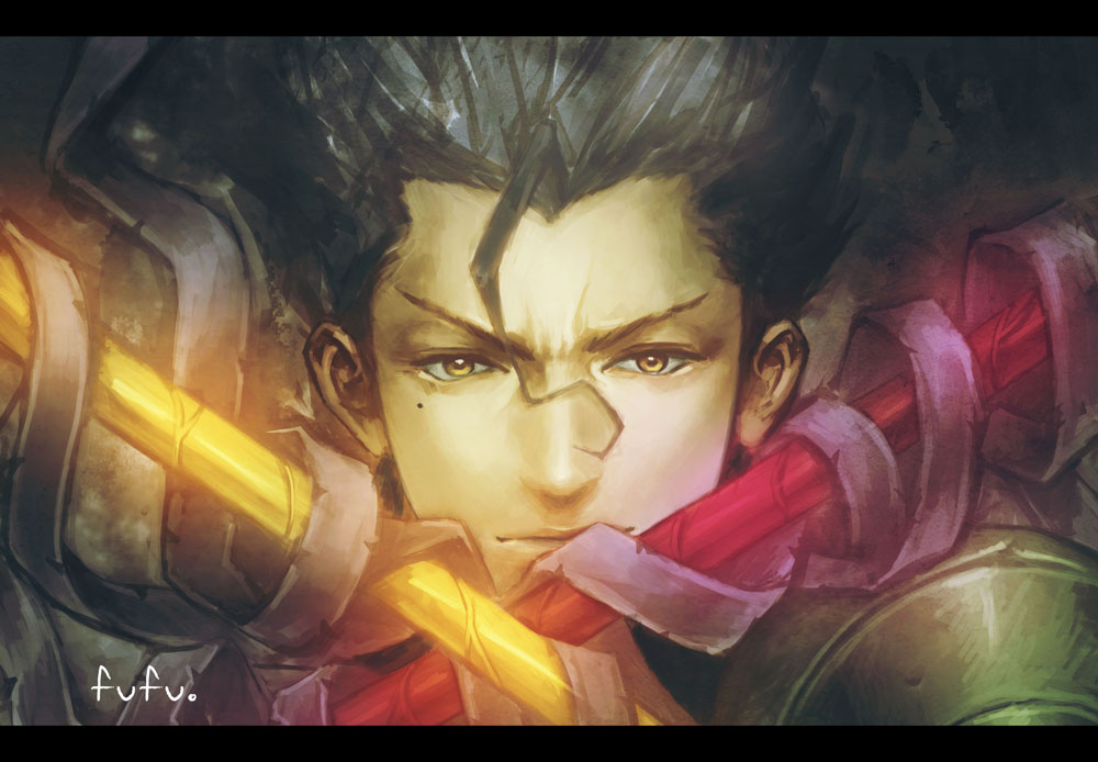 1boy, ahoge, black_hair, dewkaede, diarmuid_ua_duibhne_(fate), diarmuid_ua_duibhne_(lancer)_(fate), fate/stay_night, fate/zero