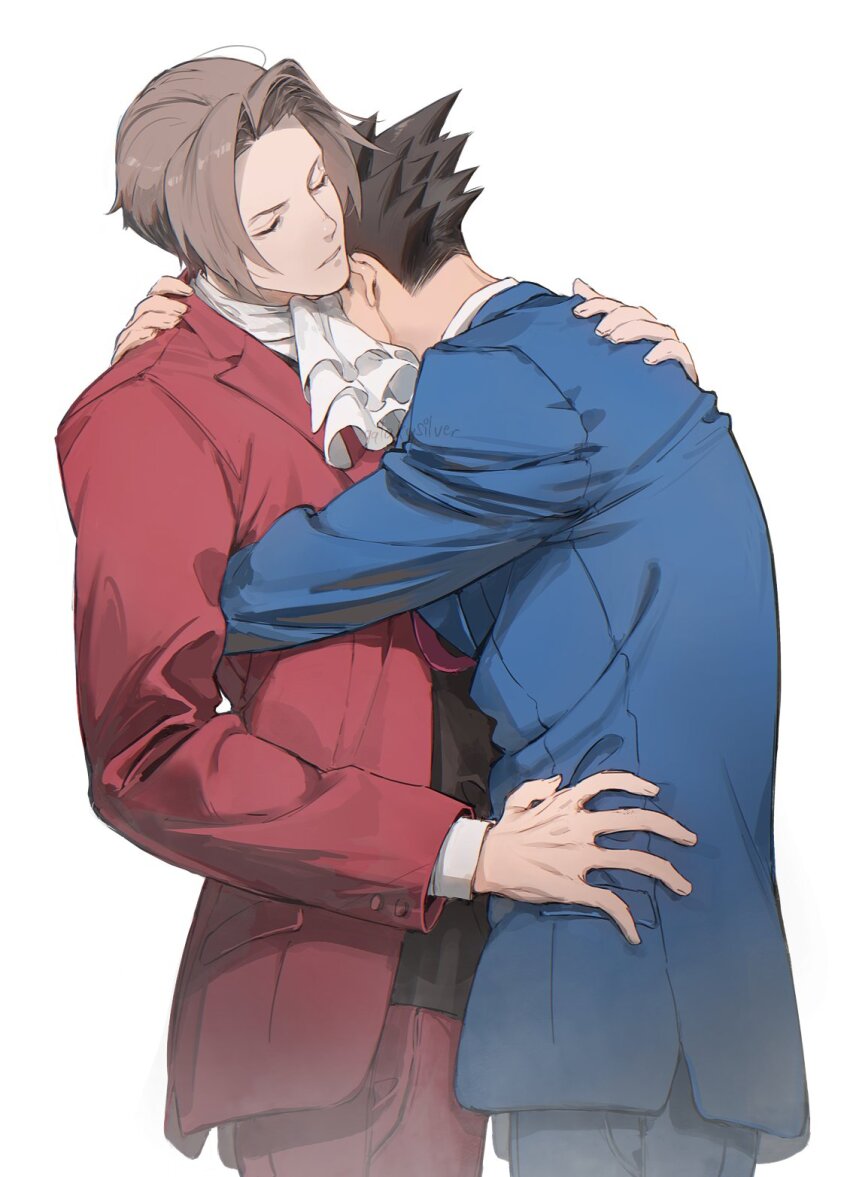 2boys, ace_attorney, ascot, black_hair, blue_suit, brown_hair, closed_eyes, commentary