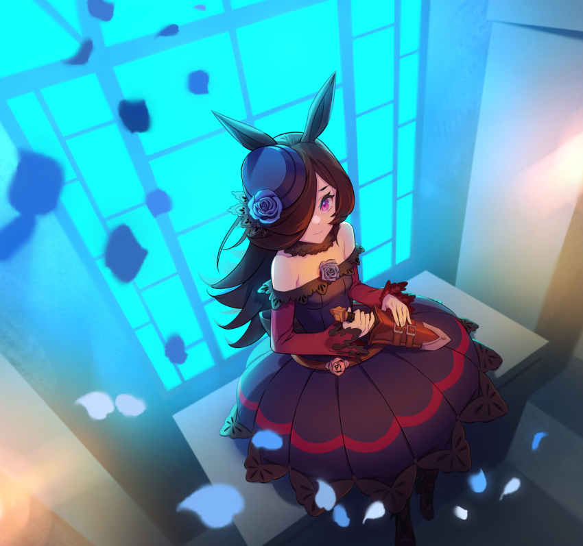 1girl, animal_ears, bare_shoulders, black_thighhighs, blue_dress, blue_flower, blue_hat, blue_rose