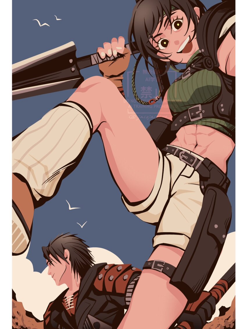 1boy, 1girl, abs, armor, black_gloves, black_hair, black_jacket, blue_sky