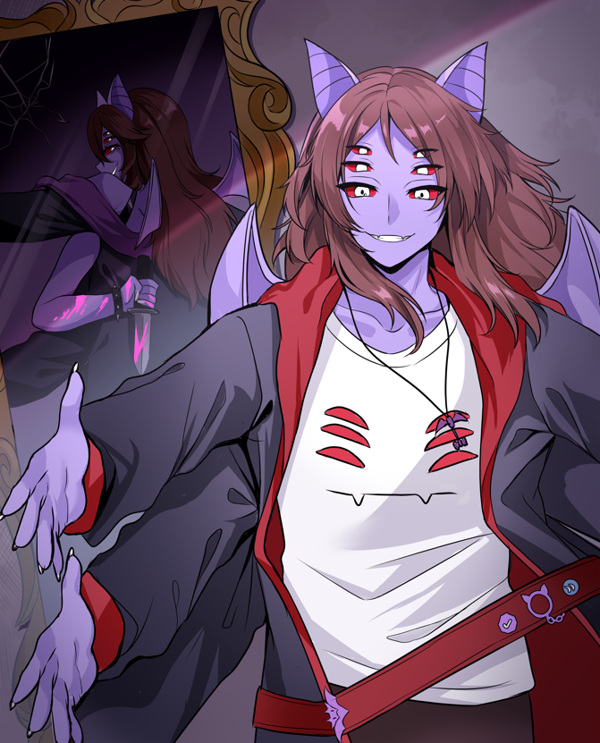 1girl, animal_ears, arthropod_girl, bat_boy, bat_ears, blood, broken_mirror, brown_hair