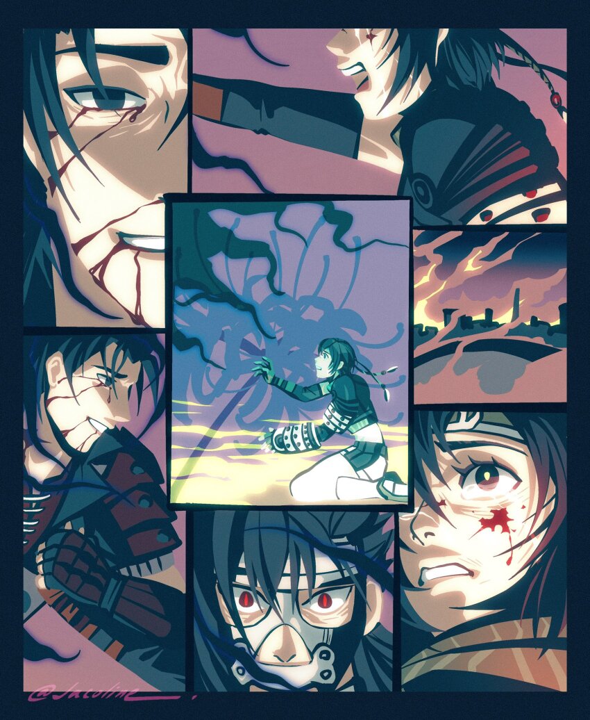 1girl, 2boys, armor, black_gloves, black_hair, blood, blood_from_mouth, blood_on_face