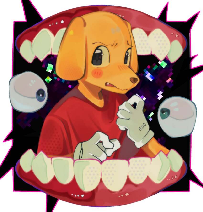 2boys, animal_ears, blush, caine_(the_amazing_digital_circus), commentary_request, cross-eyed, dog_boy, dog_ears