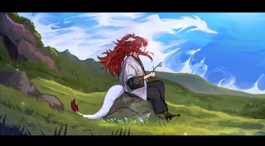 1boy, black_pants, black_shirt, chinese_clothes, commentary, dragon_boy, dragon_horns, dragon_tail