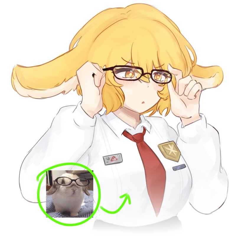 +_+, 1girl, absurdres, animal_ears, badge, blonde_hair, button_badge, collared_shirt