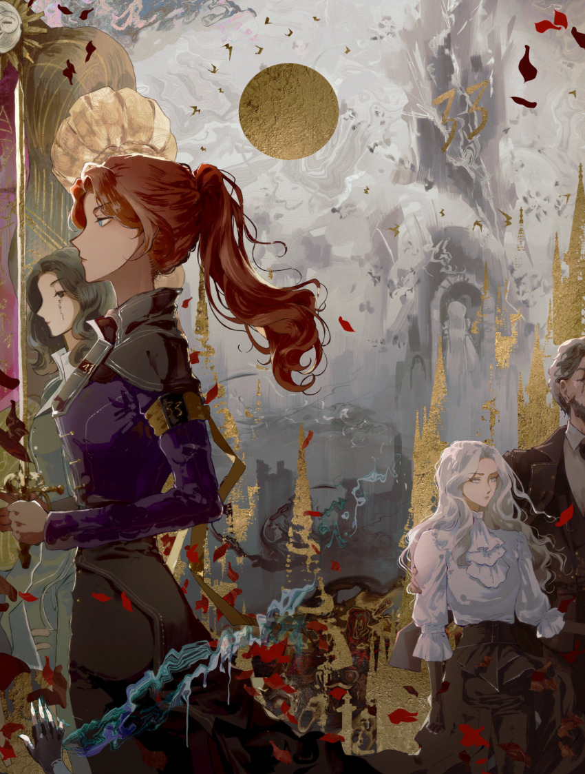 1boy, 2others, 4girls, alicia_(clair_obscur:_expedition_33), artkurera, black_hair, blue_eyes, breasts