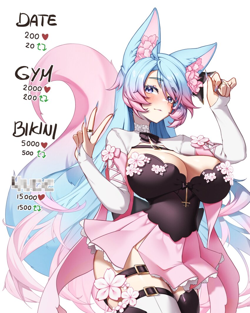 1girl, absurdres, animal_ear_fluff, animal_ears, blue_eyes, blue_hair, blue_nails, blue_tail, blush, breasts, cleavage, closed_mouth, commentary, english_commentary, fingernails, flower_in_eye, gradient_hair, gradient_tail, hands_up, highres, indie_virtual_youtuber, kimarislibran, large_breasts, like_and_retweet, long_fingernails, long_hair, looking_at_viewer, multicolored_hair, multicolored_nails, nail_polish, ouma_advent_calendar, pink_hair, pink_nails, pink_tail, silvervale, silvervale_(14th_costume), solo, symbol_in_eye, thigh_strap, thighhighs, twitter_strip_game, v, very_long_hair, virtual_youtuber, white_background, wolf_ears, wolf_girl