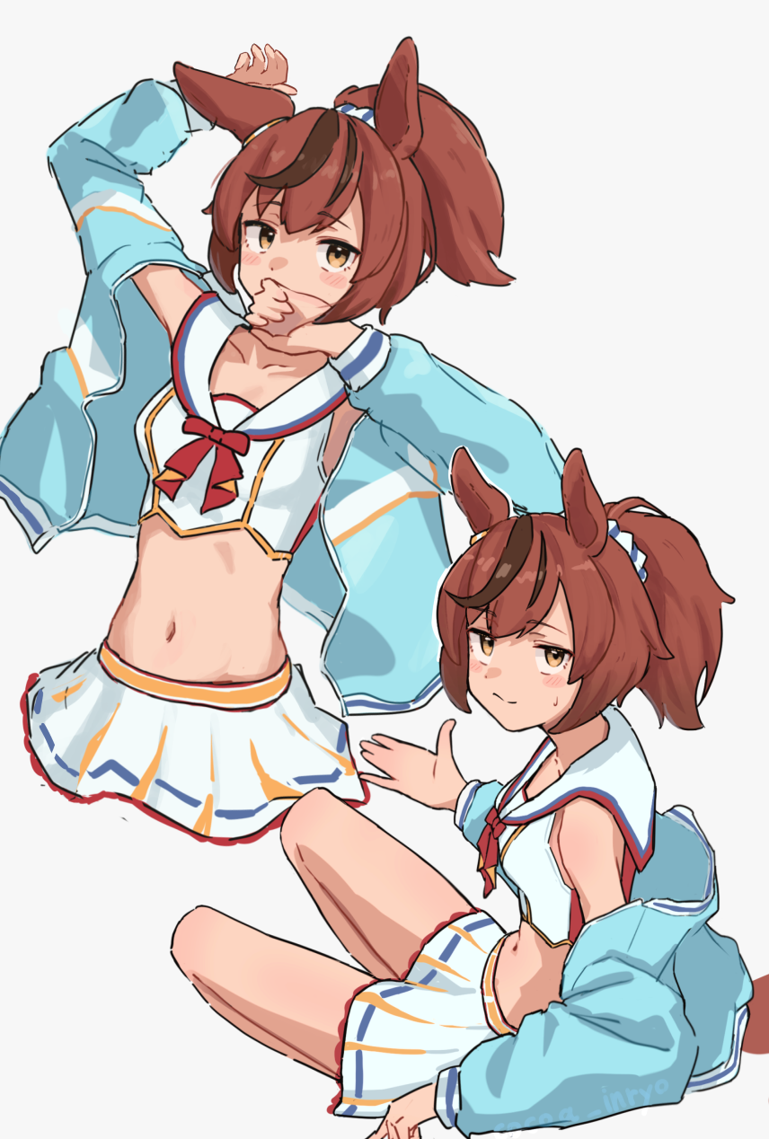 1girl, animal_ears, belt, blue_jacket, blush, breasts, brown_eyes, brown_hair