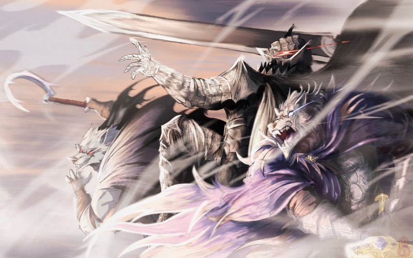 3boys, animal_ears, armor, berserk, black_cape, black_fur, black_robe, blaidd_the_half-wolf