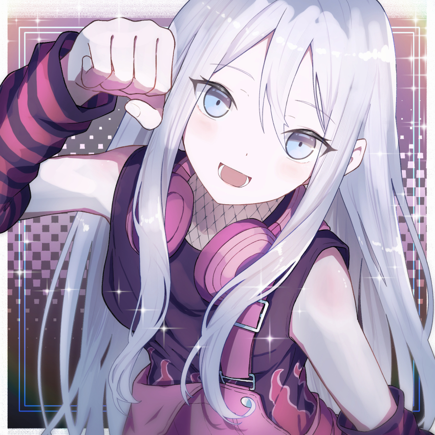 1girl, :d, aoi_eno, arm_warmers, black_shirt, blue_eyes, blush, clenched_hand