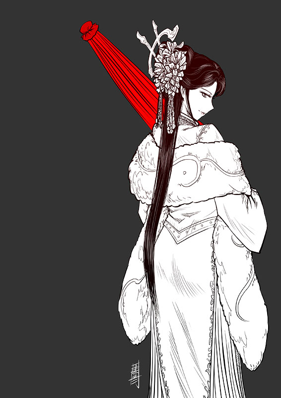 1girl, antaria, character_request, closed_umbrella, eyelashes, female_focus, from_behind, grey_background