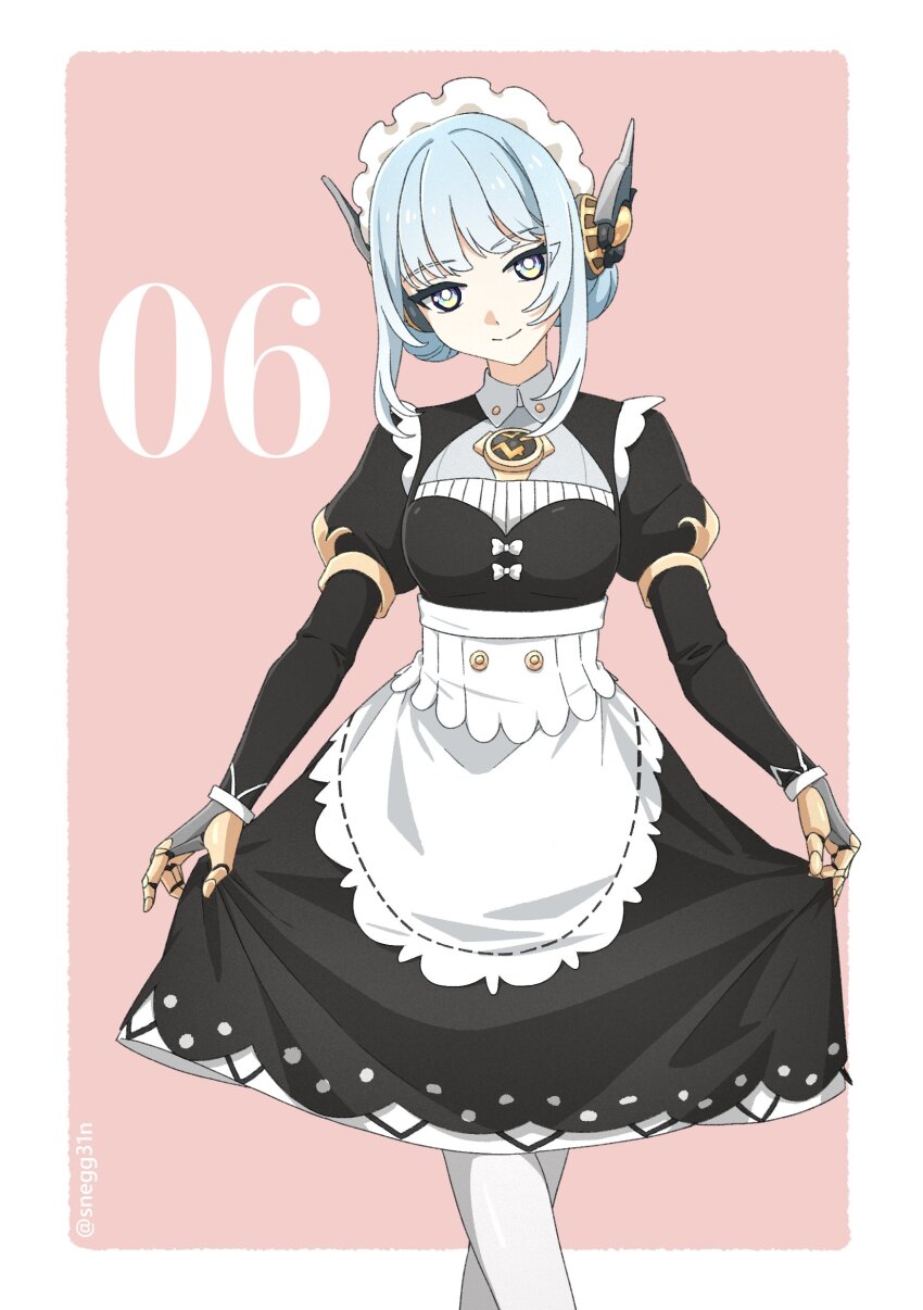 1girl, absurdres, android, apron, black_dress, blue_hair, border, closed_mouth