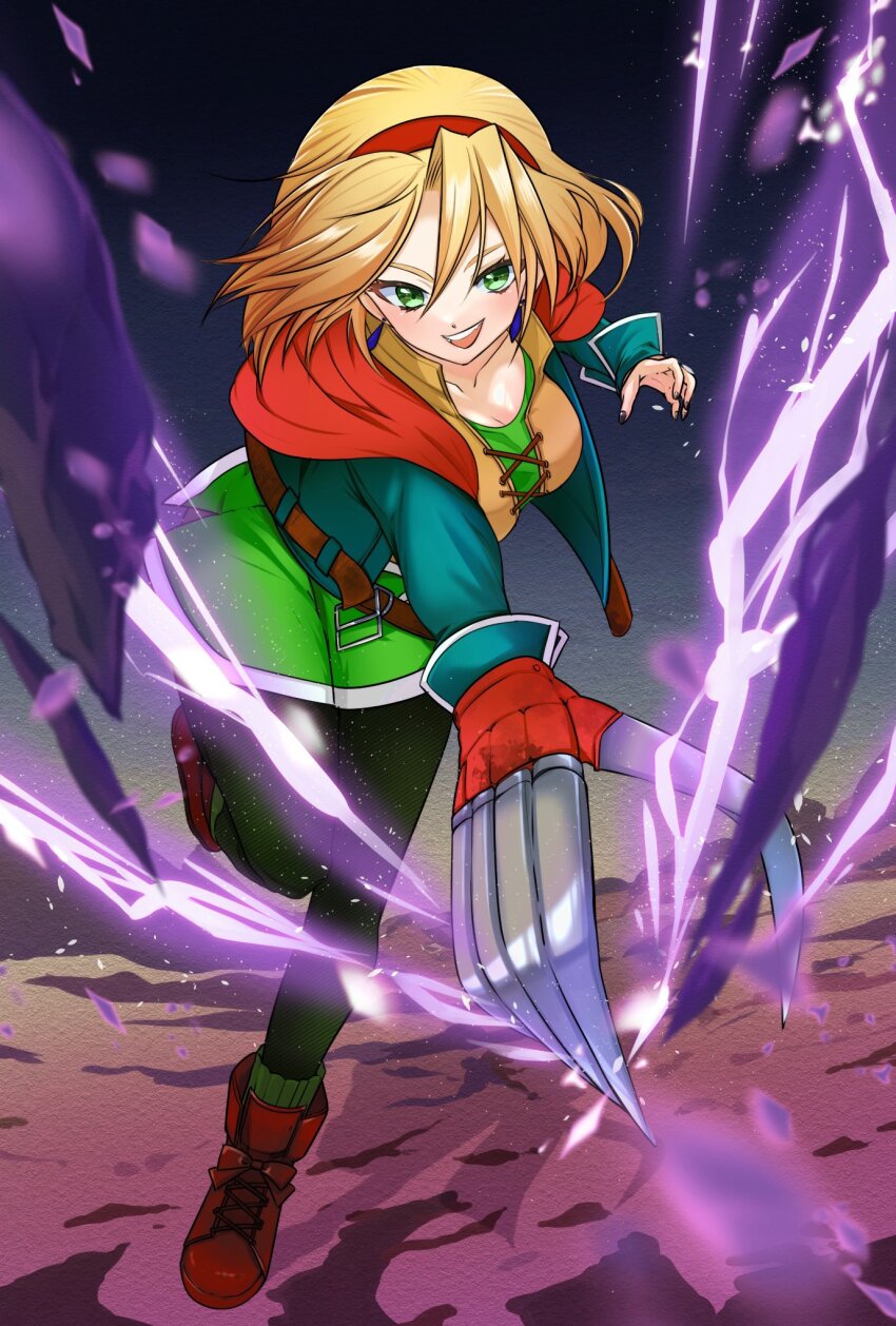 1girl, belt, blonde_hair, boots, breasts, cecilia_lynne_adelhyde, clawed_gauntlets, collarbone