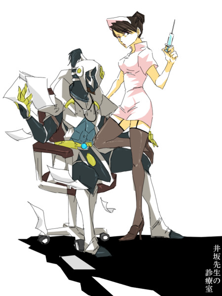 2010, armor, bad_id, bad_pixiv_id, belt, chair, garter_belt, garter_straps