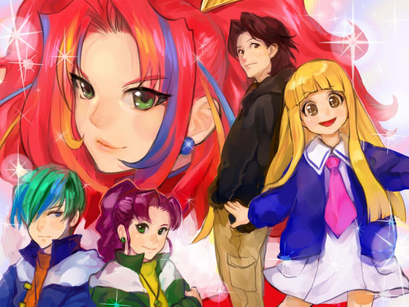 2boys, 3girls, 830_(hamio), black_hoodie, blonde_hair, blue_cardigan, blue_hair, blue_jacket, blunt_bangs, brown_eyes, brown_hair, cardigan, commentary_request, doll_isamu, doll_izumi, doll_licca, green_eyes, green_jacket, hair_over_one_eye, hood, hoodie, jacket, jewelry, kayama_licca, licca-chan_(franchise), long_hair, makiyama_rui, multicolored_hair, multiple_boys, multiple_girls, necklace, open_cardigan, open_clothes, pink_hair, ponytail, red_jacket, school_uniform, short_hair, super_doll_licca-chan