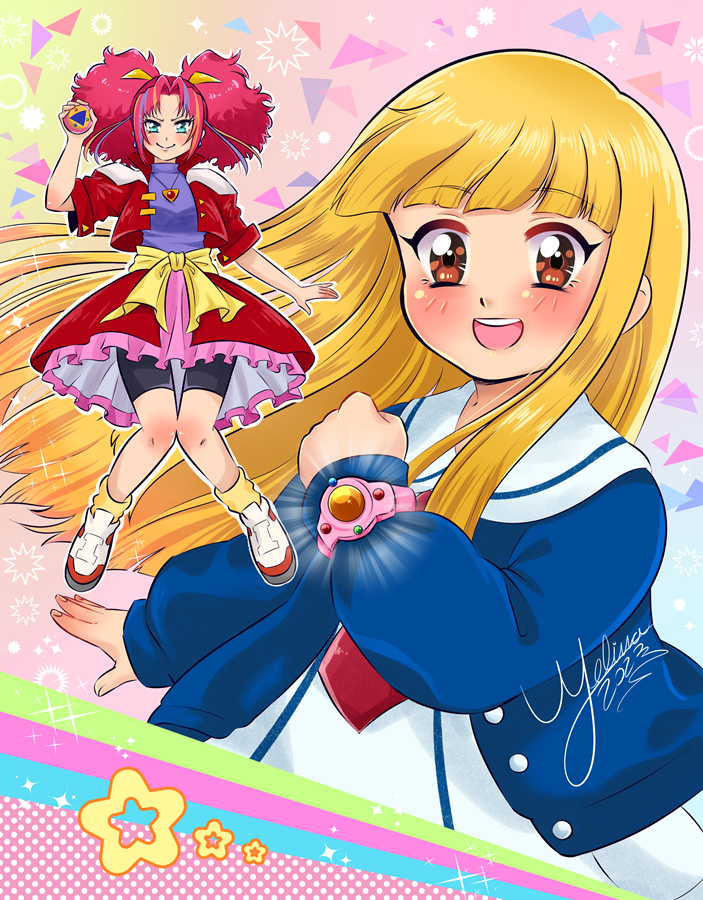 2girls, bike_shorts, blonde_hair, blunt_bangs, bracelet, brown_eyes, cardigan, cardigan_around_waist