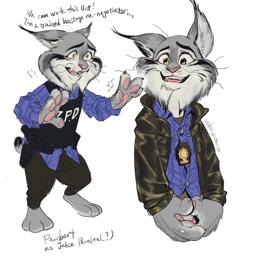 1boy, animal_ears, artist_name, barefoot, black_pants, black_vest, blue_shirt, brooklyn_nine-nine