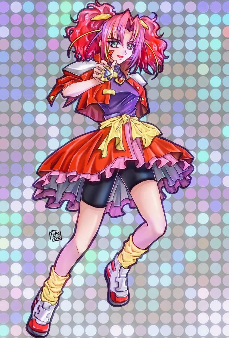 1girl, bike_shorts, blue_eyes, cardigan, cardigan_around_waist, clothes_around_waist, commentary_request, doll_licca