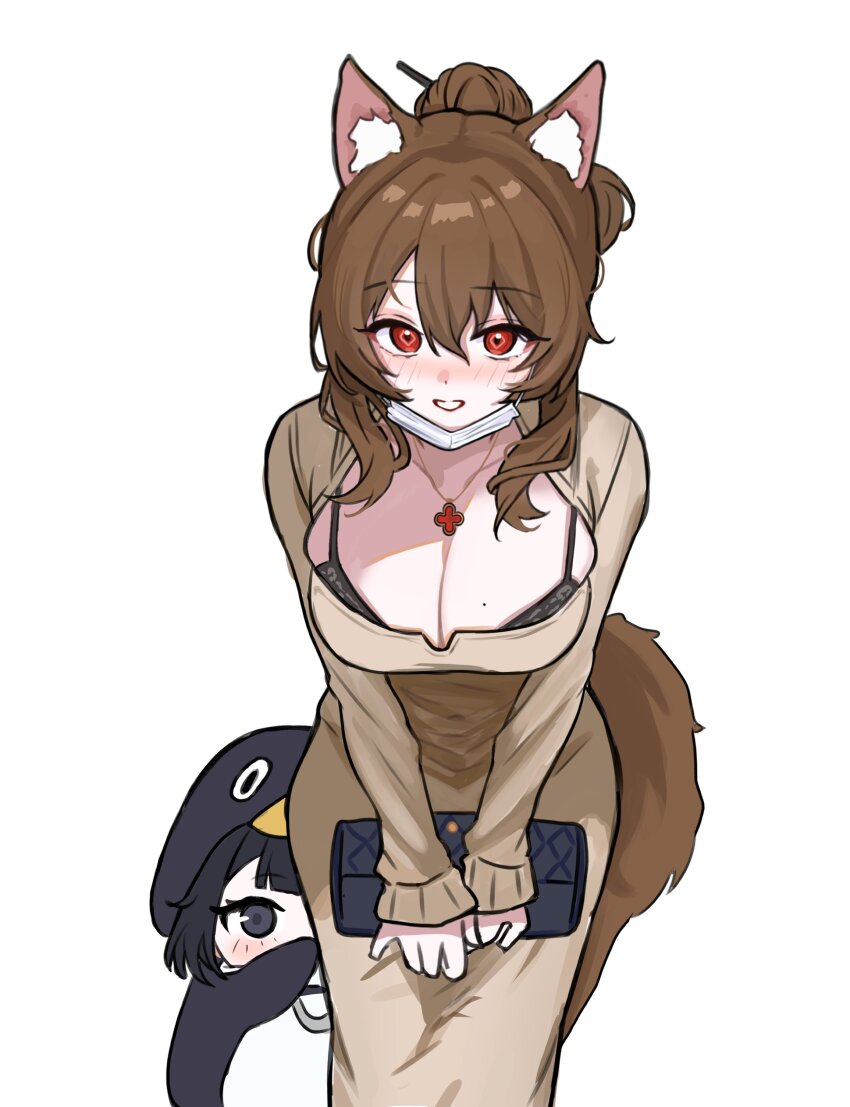 2girls, absurdres, angelina_(arknights), animal_ears, arknights, arknights:_endfield, black_eyes, black_hair, bra, breasts, brown_dress, brown_hair, child, commentary_request, dress, duda_(duda1), endministrator_(arknights), female_endministrator_(arknights), fox_ears, fox_girl, fox_tail, gilberta_(arknights), gugugaga_(meme), highres, korean_commentary, multiple_girls, red_eyes, simple_background, tail, underwear, white_background
