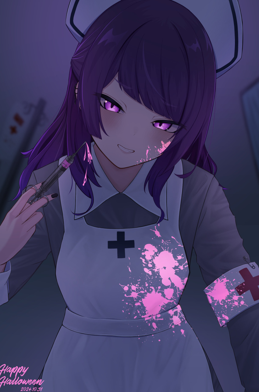 absurdres, black_nails, blood, blood_on_clothes, blood_on_face, commentary_request, cross, glowing