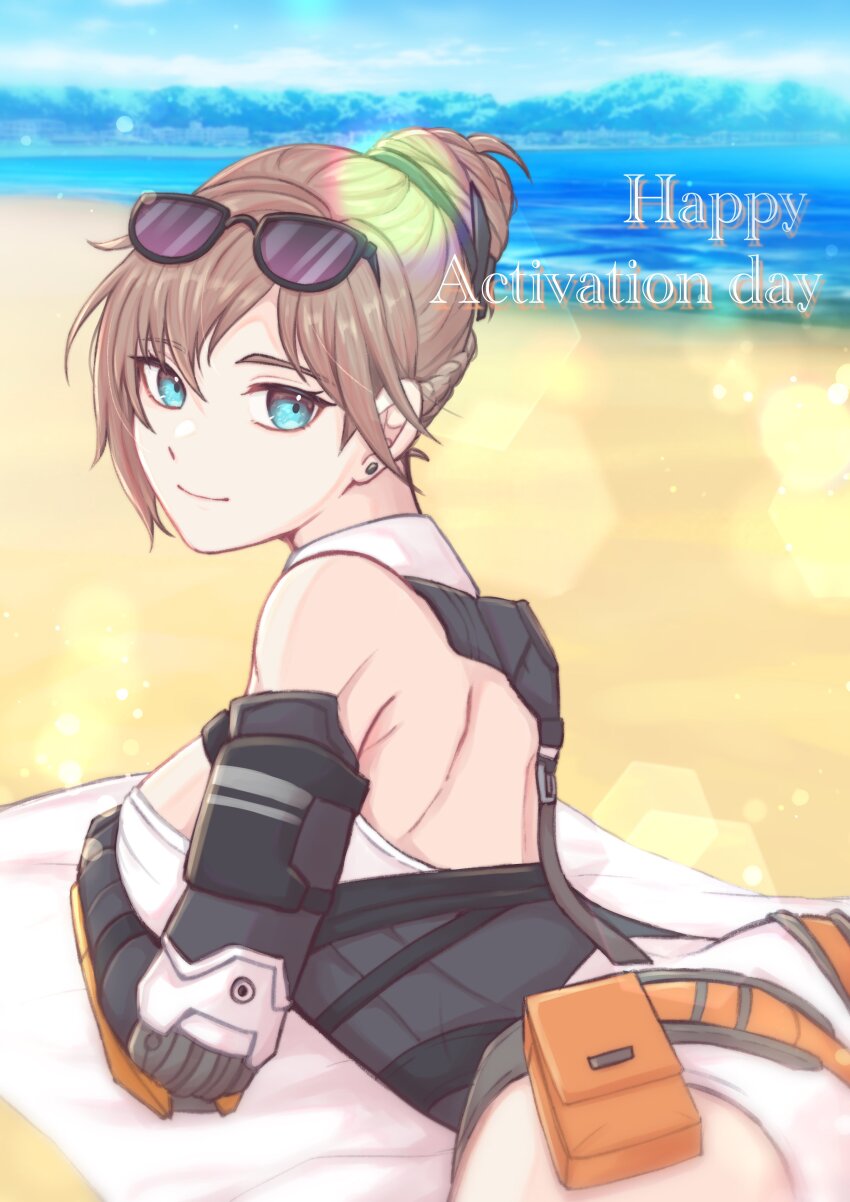 1girl, absurdres, ass, bare_shoulders, beach, beach_mat, blue_eyes, blue_sky, breasts, bridget:_ardeo_(pgr), bridget_(pgr), brown_hair, chest_harness, cleavage, closed_mouth, cloud, collared_leotard, commentary_request, day, earrings, eyewear_on_head, hair_between_eyes, hair_bun, happy_birthday, harness, highres, jewelry, large_breasts, lens_flare, leotard, looking_at_viewer, lying, mechanical_arms, ocean, on_stomach, outdoors, pouch, punishing:_gray_raven, short_hair, sidelocks, sion_apg, sky, smile, solo, stud_earrings, sunglasses, white_leotard