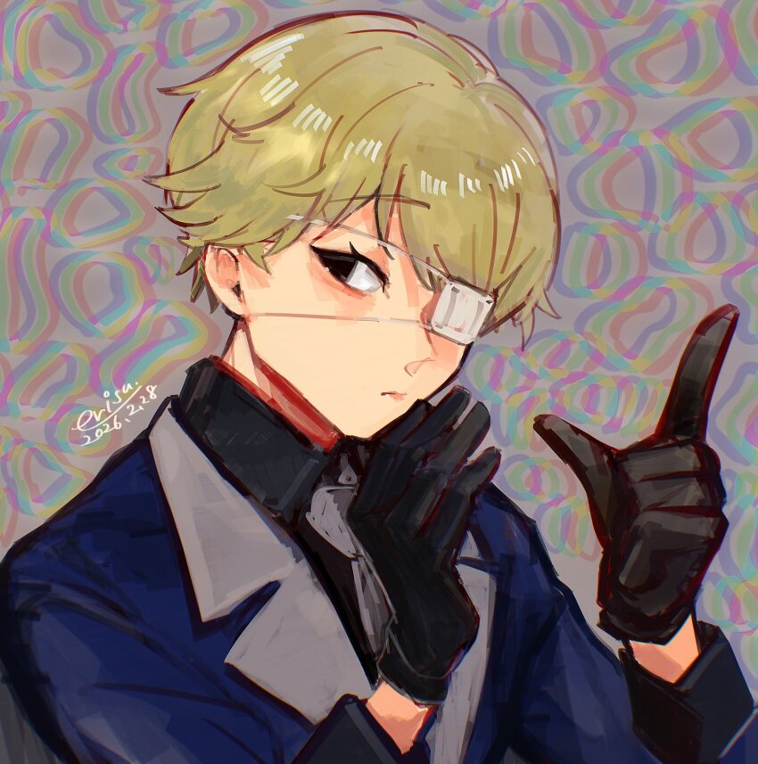 1boy, black_eyes, black_gloves, black_shirt, blonde_hair, blue_jacket, closed_mouth, collared_shirt
