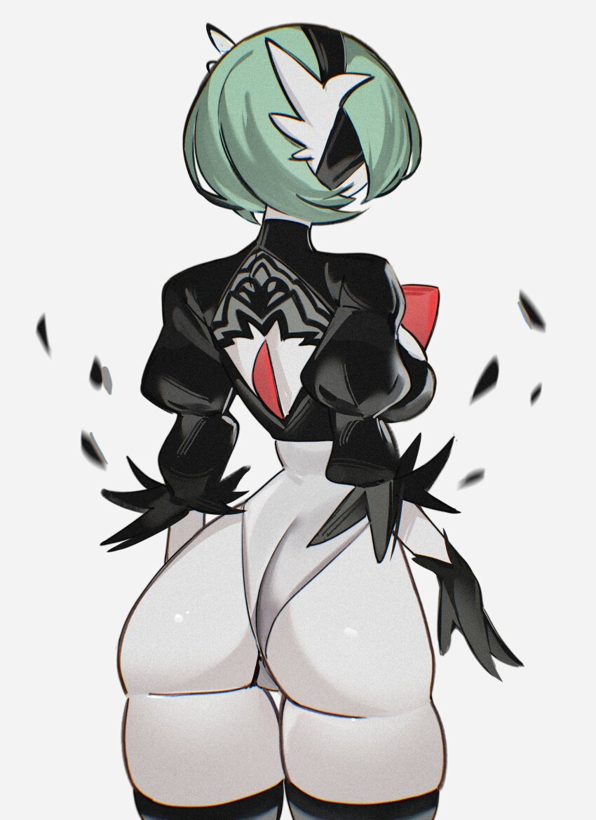1girl, 2b_(nier:automata), 2b_(nier:automata)_(cosplay), absurdres, ass, back_cutout, black_thighhighs, blindfold, bob_cut, breasts, chunniwa, clothing_cutout, colored_skin, cosplay, from_behind, gardevoir, gen_3_pokemon, green_hair, highres, nier:automata, nier_(series), nintendo, pokemon, pokemon_(creature), thighhighs, white_skin