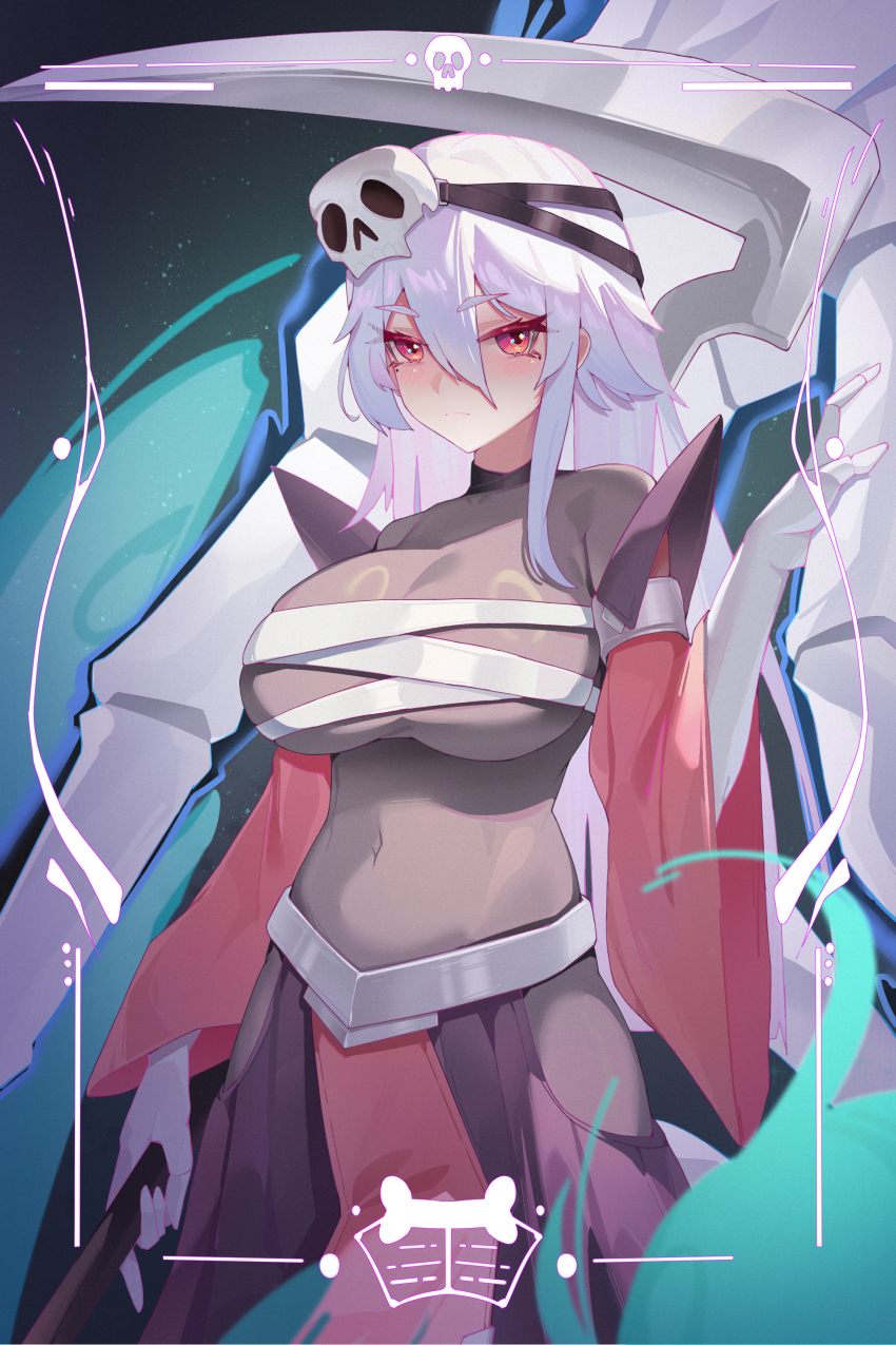 1girl, absurdres, black_bodysuit, blue_fire, bodysuit, breasts, chest_sarashi, cleavage