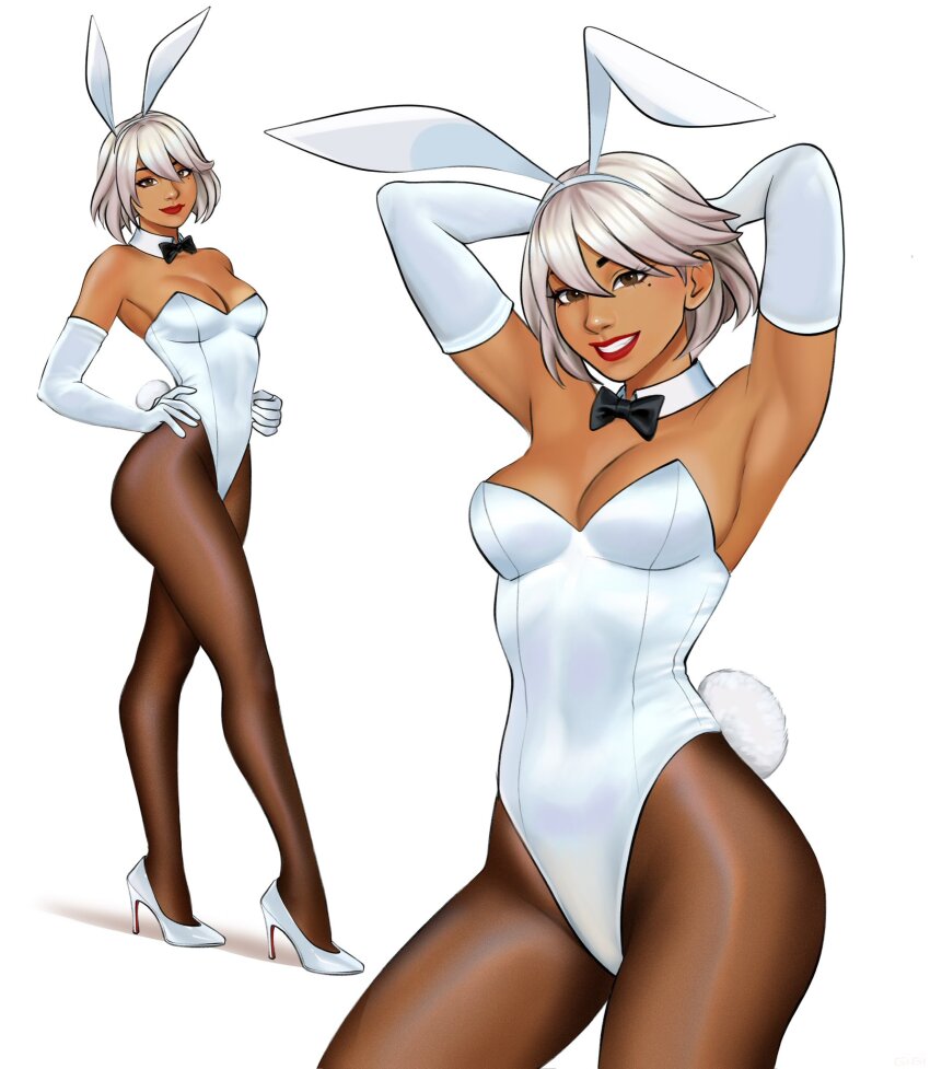 1girl, animal_ear_hairband, animal_ears, aphrodite_(fortnite), arms_behind_head, black_bow, black_bowtie, blonde_hair