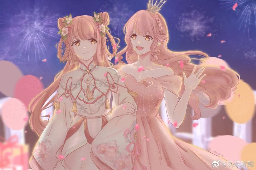 2girls, aerial_fireworks, artist_request, balloon, bare_arms, beautiful_moment_(miracle_nikki), birthday, blunt_bangs, braid, braided_hair_rings, brooch, brown_eyes, capelet, chain, cherry_blossoms, chinese_clothes, closed_mouth, collarbone, collared_capelet, cone_hair_bun, cowboy_shot, crown, crown_braid, dated, dot_nose, double_bun, dress, dual_persona, eyelashes, fence, fireworks, floating_hair, floral_print, flower, gift, gold_chain, gown, gradient_sky, hair_bun, hair_flower, hair_ornament, hair_rings, happy, heart, heart_brooch, heartwarming_flame_(shining_nikki), high_collar, holding_another's_arm, jewelry, long_dress, long_hair, long_skirt, looking_at_another, mandarin_collar, mini_crown, miracle_nikki, multiple_girls, nikki_(nikki), nikki_(series), off-shoulder_dress, off_shoulder, open_mouth, outdoors, petals, pink_dress, pink_flower, pink_hair, pink_ribbon, pink_skirt, pleated_dress, print_shirt, ribbon, rose_petals, shining_nikki, shirt, short_sleeves, sidelocks, skirt, sky, sleeve_ribbon, sleeves_past_fingers, sleeves_past_wrists, smile, source_request, tassel, teeth, third-party_source, twilight, upper_teeth_only, very_long_hair, watermark, waving, wavy_hair, weibo_watermark, white_capelet, white_shirt, wide_sleeves, wind