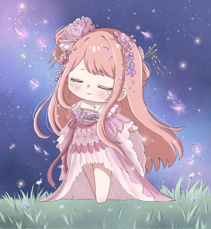 1girl, asymmetrical_hair, asymmetrical_sidelocks, barefoot, brooch, chibi, chinese_clothes, closed_eyes