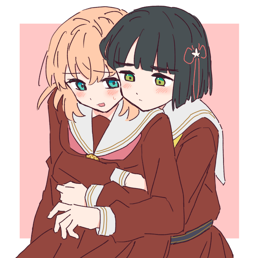 2girls, black_hair, blue_eyes, blush, border, brown_hair, cerise_bouquet, closed_mouth