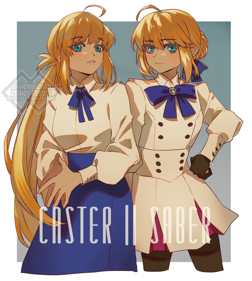 2girls, ahoge, artoria_caster_(fate), artoria_caster_(second_ascension)_(fate), artoria_pendragon_(fate), black_gloves, blonde_hair, blue_bow, blue_skirt, bow, bowtie, braid, bun_with_braided_base, bvixii, character_name, closed_mouth, cosplay, costume_switch, dress, english_text, fate/grand_order, fate_(series), gloves, green_eyes, hair_bow, hair_bun, hand_on_own_hip, long_hair, long_sleeves, looking_at_viewer, low_twintails, multiple_girls, own_hands_together, pantyhose, parted_lips, saber_(fate), shirt, short_hair, sidelocks, skirt, smile, twintails, white_dress, white_shirt, wing_collar