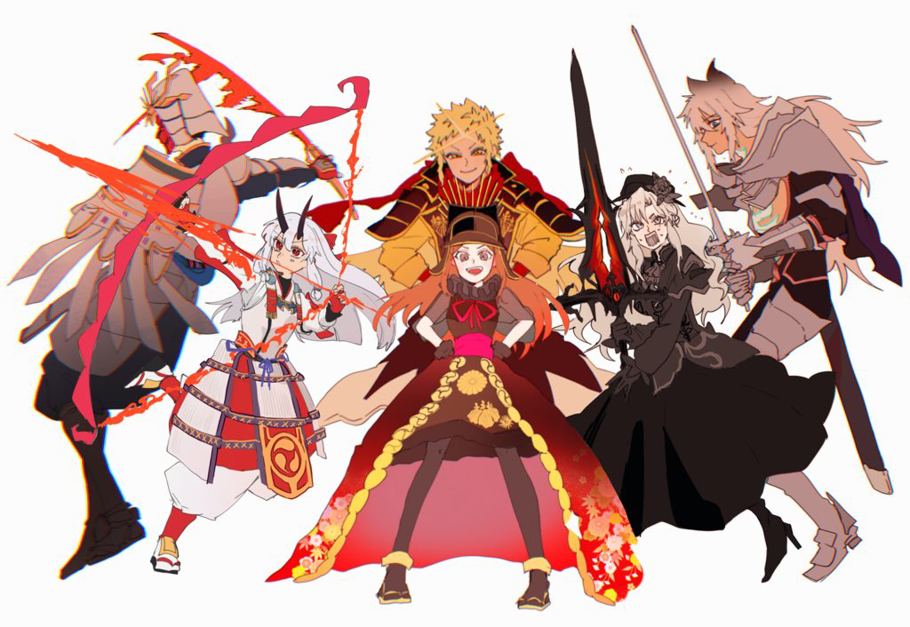 armor, blonde_hair, chacha_(fate), character_request, commentary_request, energy_bow_(weapon), fate/grand_order, fate_(series), fire, flaming_sword, flaming_weapon, full_body, glowing_scar, grey_eyes, grey_hair, holding, holding_sword, holding_weapon, japanese_armor, katana, kriemhild_(fate), kuriimu0203, long_hair, messy_hair, open_mouth, red_eyes, samurai, scabbard, sheath, shoulder_pads, siegfried_(fate), simple_background, smile, sword, toyotomi_hideyoshi_(fate), weapon, white_background, yellow_eyes