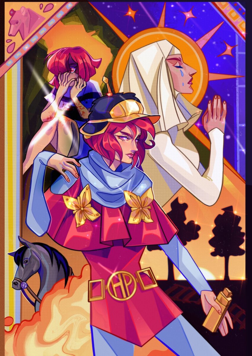 1girl, arizuume, bear, black_hat, bob_cut, bodysuit, capelet, closed_eyes, clothing_cutout, commentary, cream_starter_(stand), dress, fingernails, fire, flower_ornament, gets_up_(horse), gold_flower, grey_bodysuit, hat, highres, holding, hot_pants_(sbr), jojo_no_kimyou_na_bouken, long_sleeves, looking_at_viewer, medium_hair, mullet, multiple_persona, nun, pink_capelet, pink_dress, pink_eyes, pink_hair, shirt, short_hair, shoulder_cutout, solo, stand_(jojo), steel_ball_run, untranslatable_commentary, white_background, white_shirt