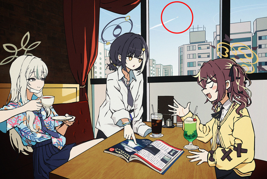 +_+, 3girls, black_hair, black_halo, black_necktie, black_ribbon, blank_eyes, blonde_hair