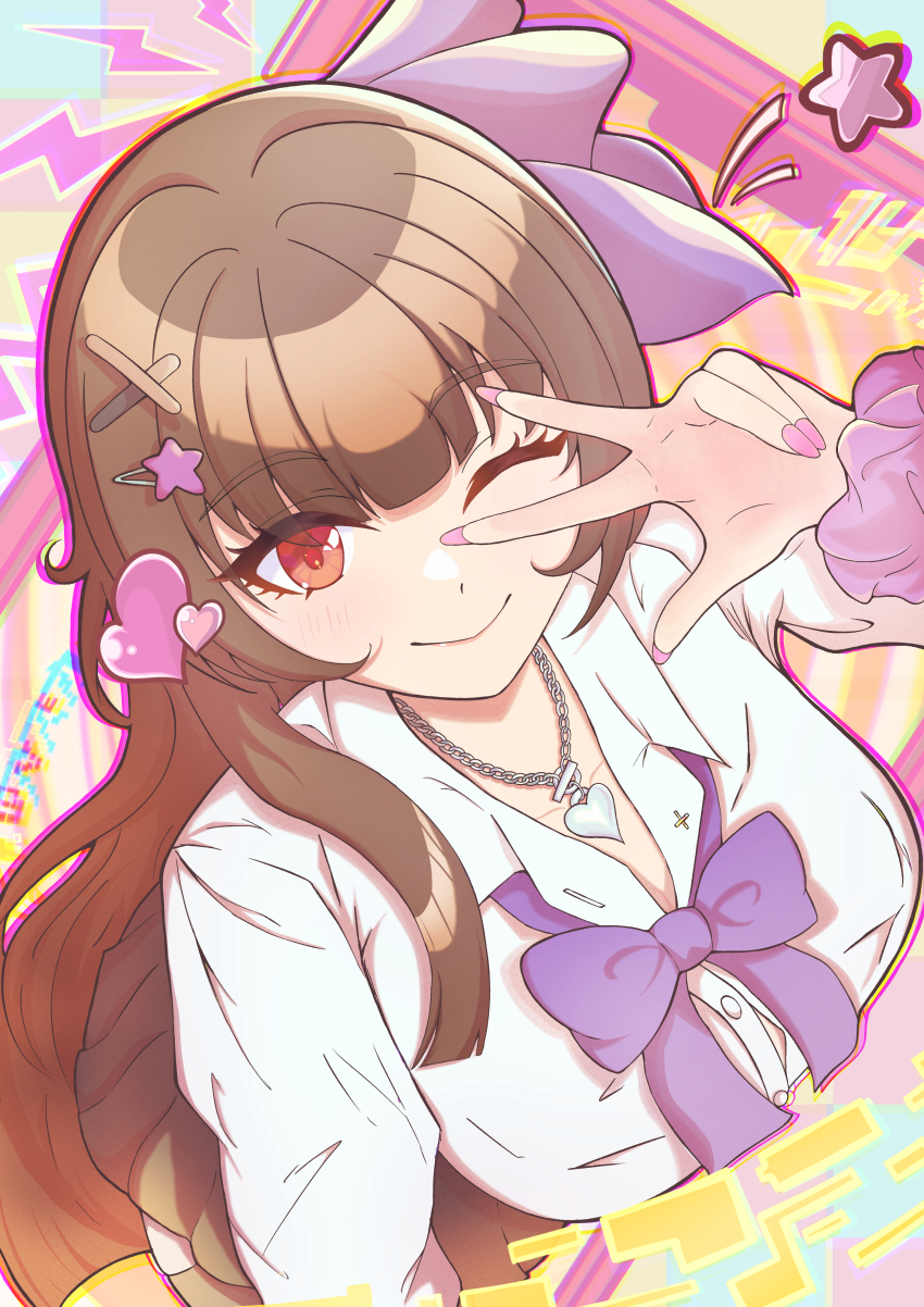 1girl, absurdres, bow, bowtie, breasts, brown_eyes, brown_hair, closed_mouth