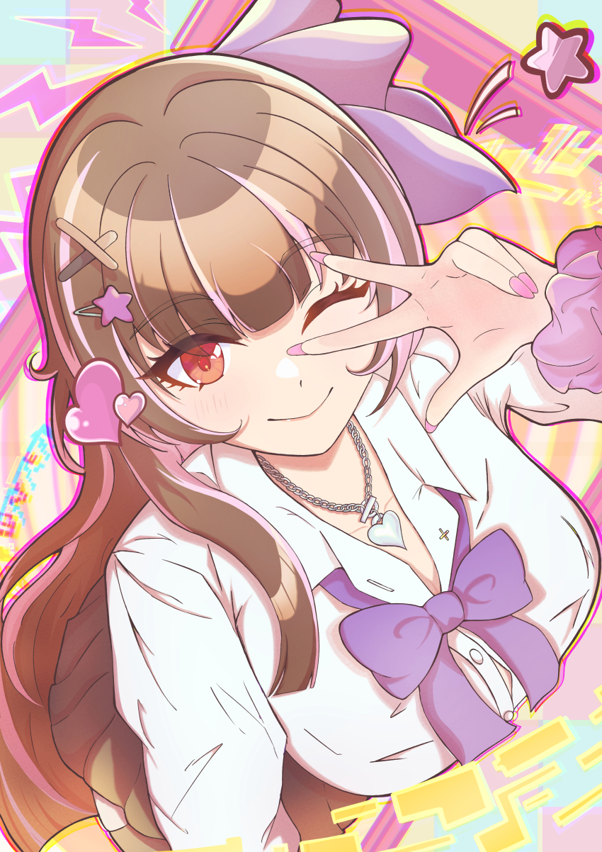 1girl, absurdres, bow, bowtie, breasts, brown_eyes, brown_hair, closed_mouth