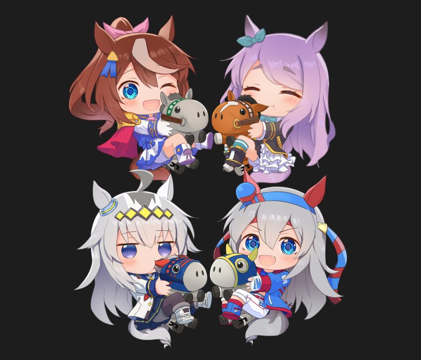 4girls, absurdres, ahoge, animal_ears, aqua_bow, aqua_ribbon, aqua_socks, ascot