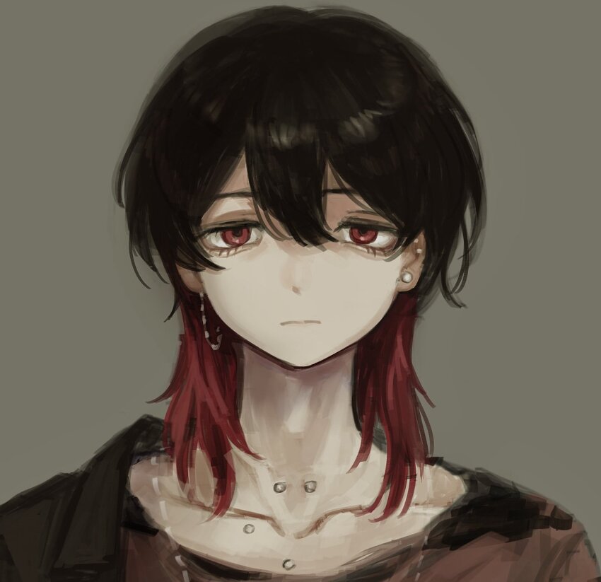 1boy, bags_under_eyes, brown_shirt, chain, chain_necklace, closed_mouth, commentary_request, ear_piercing