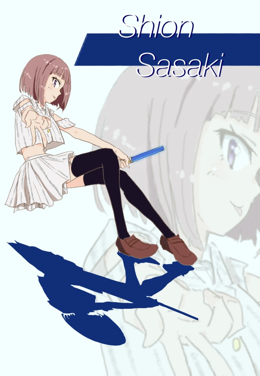 1girl, black_thighhighs, blunt_bangs, blunt_ends, bob_cut, brown_hair, clothing_cutout, collared_shirt, commentary_request, full_body, grey_background, grin, highres, ikizulive!_love_live!_bluebird, jacket, looking_at_viewer, love_live!, midriff, miniskirt, pink_shoes, pinstripe_jacket, pinstripe_pattern, pinstripe_skirt, pleated_skirt, purple_eyes, sasaki_shion, shirt, shoes, short-sleeved_jacket, short_sleeves, shoulder_cutout, simple_background, skirt, smile, solo, thighhighs, twitter_username, what_is_my_life?_(love_live!), white_jacket, white_shirt, white_skirt, yorimichi_blue, zettai_ryouiki