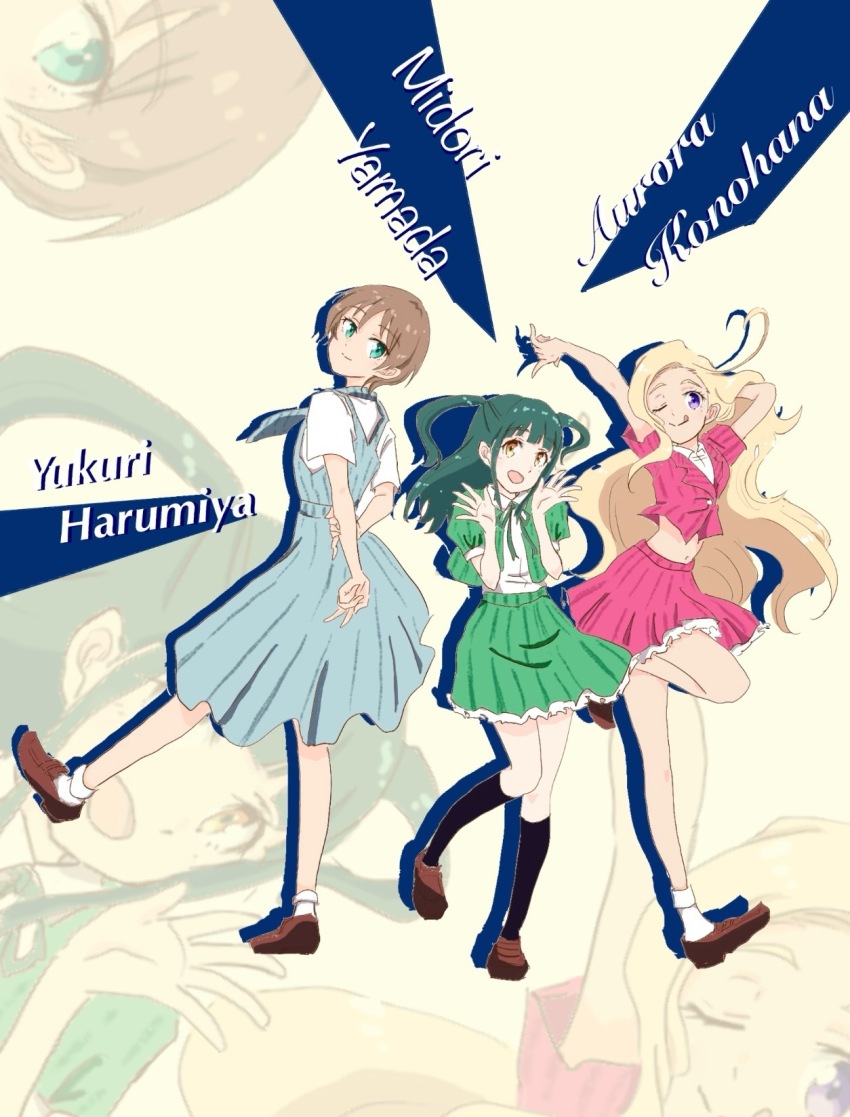 1girl, :d, blonde_hair, blue_background, blue_dress, blue_nails, border, breasts, brown_hair, closed_mouth, collared_shirt, commentary_request, contrast_collar, cropped_jacket, dress, full_body, gradient_background, green_eyes, green_hair, green_jacket, green_ribbon, grey_background, grin, harumiya_yukuri, highres, ikizulive!_love_live!_bluebird, jacket, konohana_aurora, leg_up, loafers, long_hair, looking_at_viewer, loose_socks, love_live!, medium_breasts, medium_dress, midriff, miniskirt, neck_ribbon, official_alternate_costume, open_clothes, open_jacket, open_mouth, pinafore_dress, pink_background, pink_jacket, pink_shoes, pink_skirt, pinstripe_dress, pinstripe_jacket, pinstripe_necktie, pinstripe_pattern, pinstripe_skirt, pleated_skirt, purple_eyes, ribbon, shirt, shoes, short-sleeved_jacket, short_hair, short_sleeves, simple_background, skirt, sleeveless, sleeveless_dress, smile, sneakers, socks, solo, sparkle, split_mouth, standing, standing_on_one_leg, twitter_username, two_side_up, upper_body, what_is_my_life?_(love_live!), white_border, white_shirt, white_socks, yamada_midori, yellow_eyes, yorimichi_blue