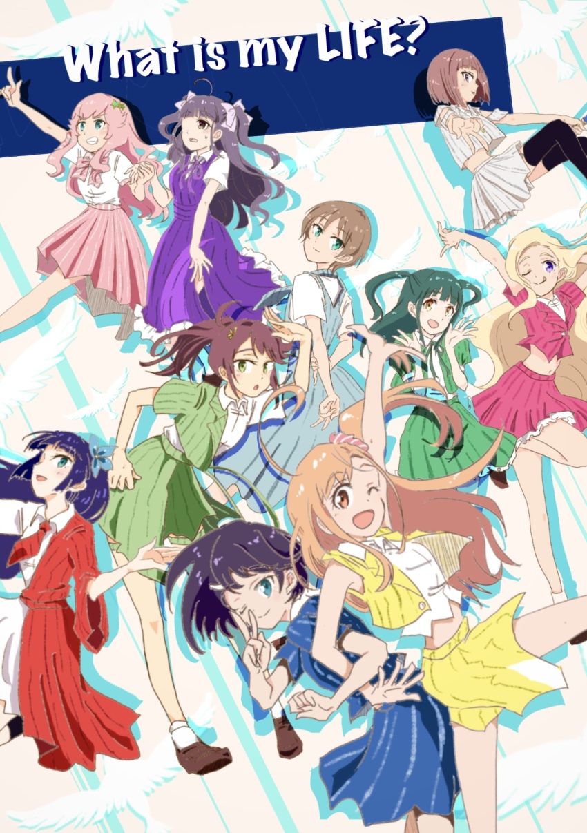 6+girls, :>, :d, ;d, ?, ahoge, album_cover, arrow_(symbol)