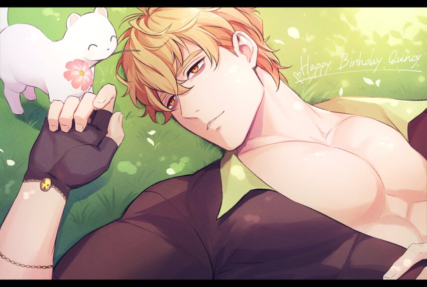 1boy, 7go3_nc, absurdres, bags_under_eyes, black_gloves, black_shirt, blonde_hair, bracelet