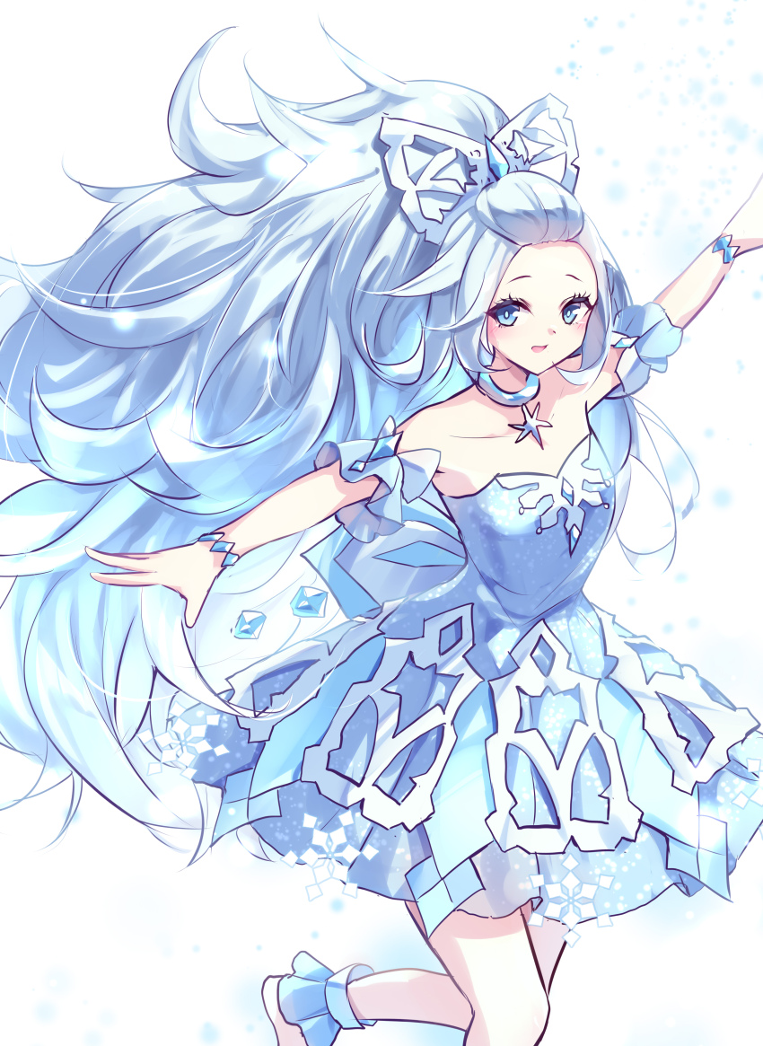 1girl, absurdres, arm_up, bare_shoulders, blue_eyes, blue_hair, blush, collarbone