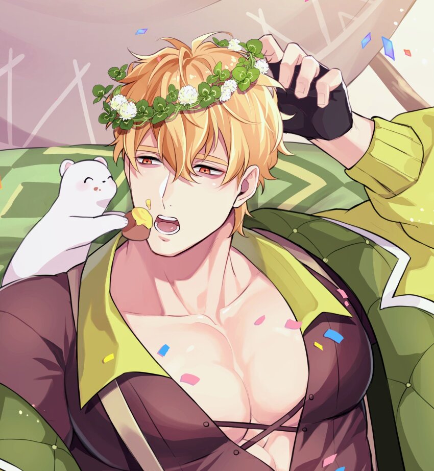 1boy, 7go3_nc, adjusting_clothes, adjusting_headwear, animal, animal_on_shoulder, bags_under_eyes, black_gloves