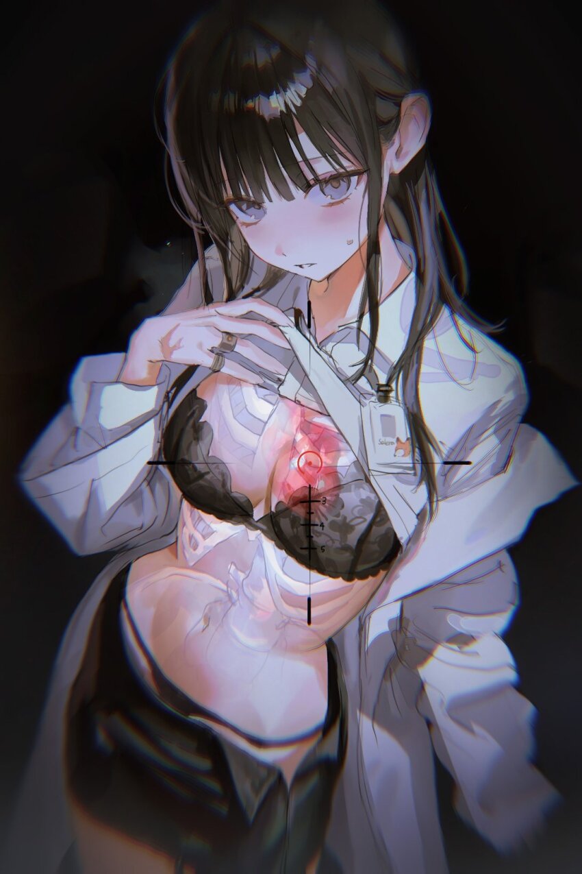 1girl, black_background, black_bra, black_panties, bra, breasts, brown_hair, coat