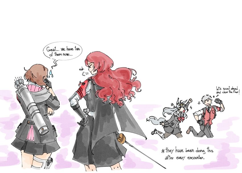 1boy, 3girls, animal_ears, cowboy_shot, crossover, english_text, gekkoukan_high_school_uniform, gloves