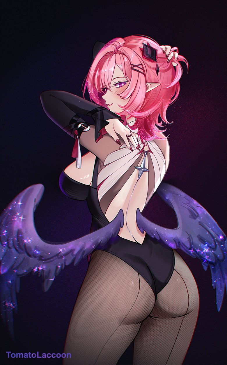 1girl, artist_name, ass, black_leotard, black_pantyhose, breasts, commentary, detached_sleeves